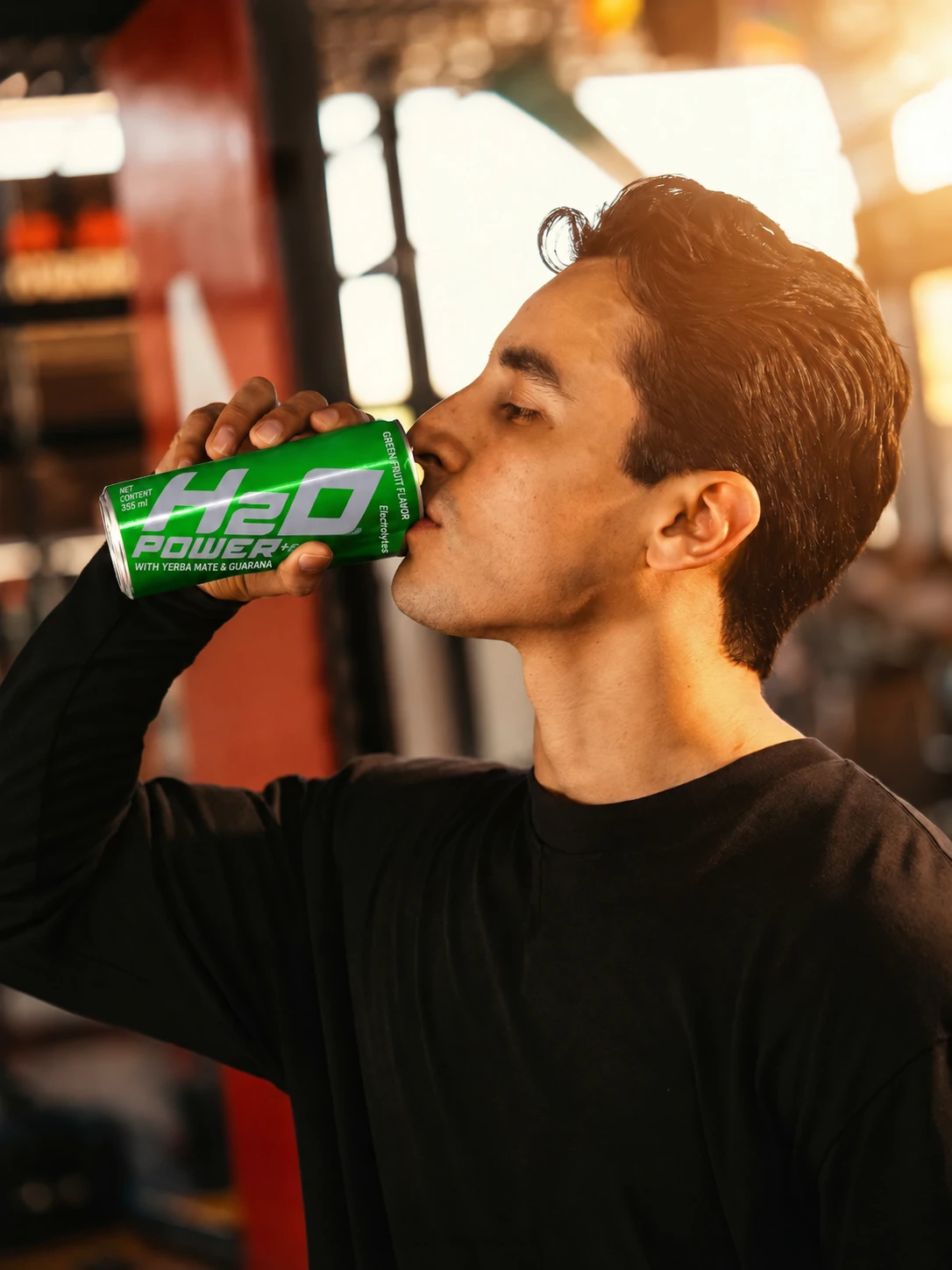 A moment from the H2O Power brand campaign with English can labels