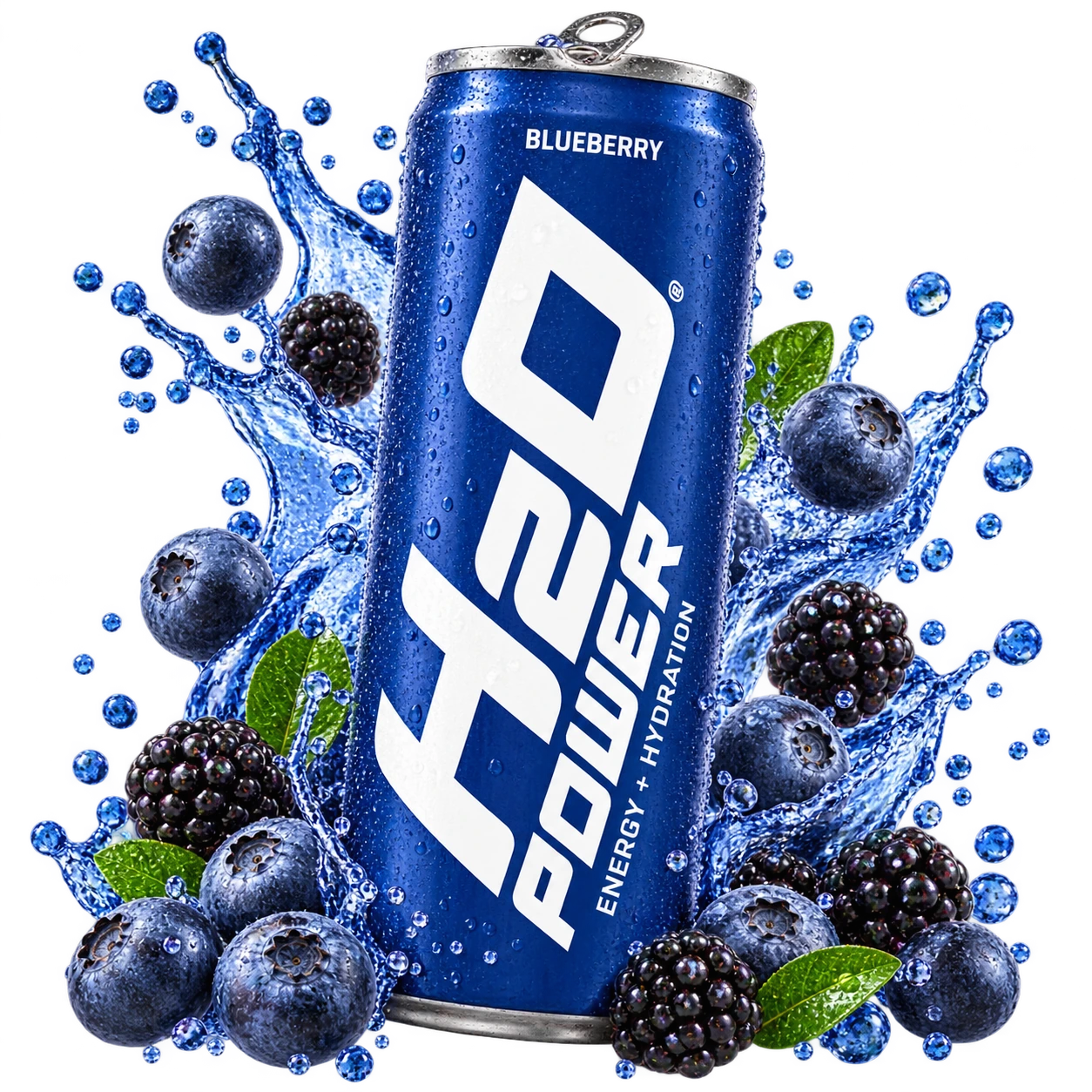 English-label Wild Blueberry can with a fruit splash