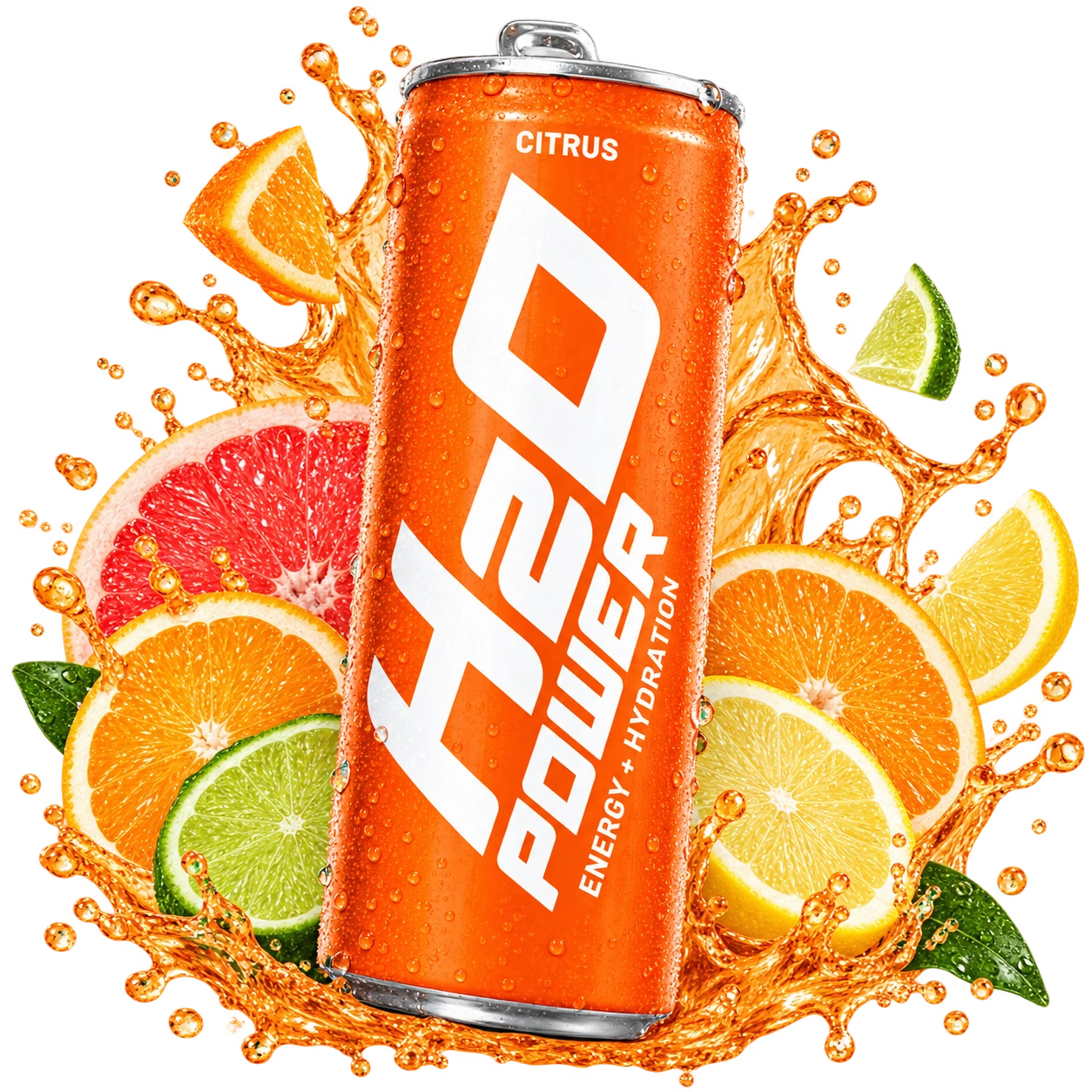 English-label Citrus Burst can with a fruit splash