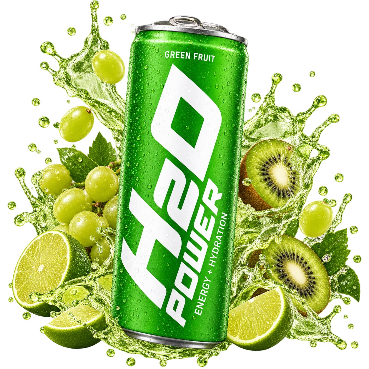 English-label Green Fruit Surge can with a fruit splash