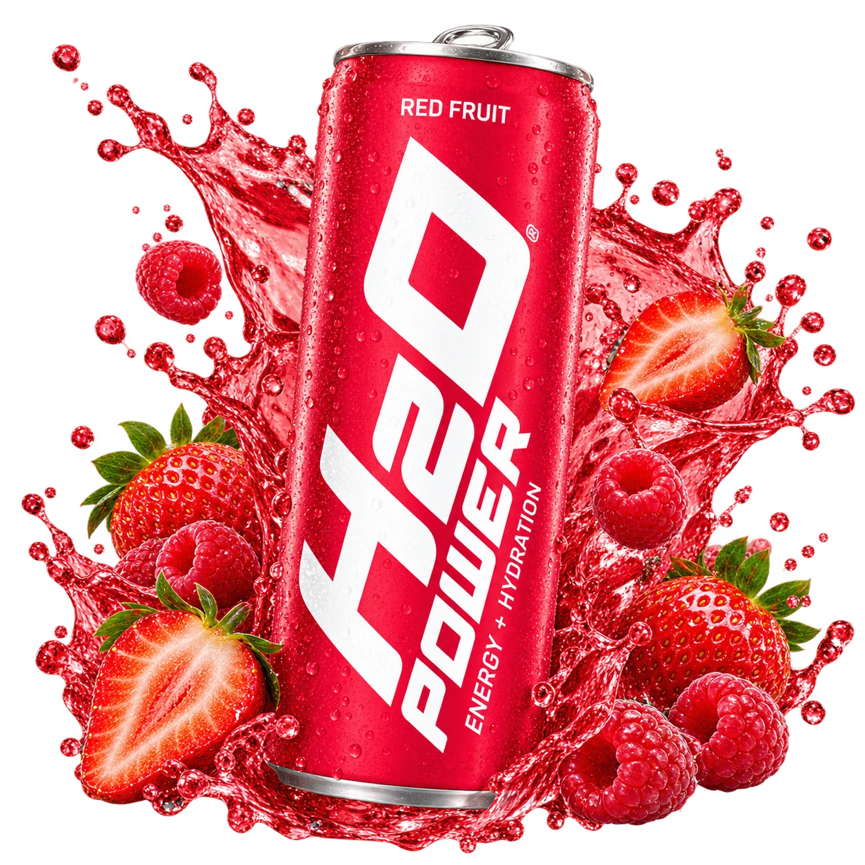 English-label H2O Power Red Fruit Rush can with a fruit splash